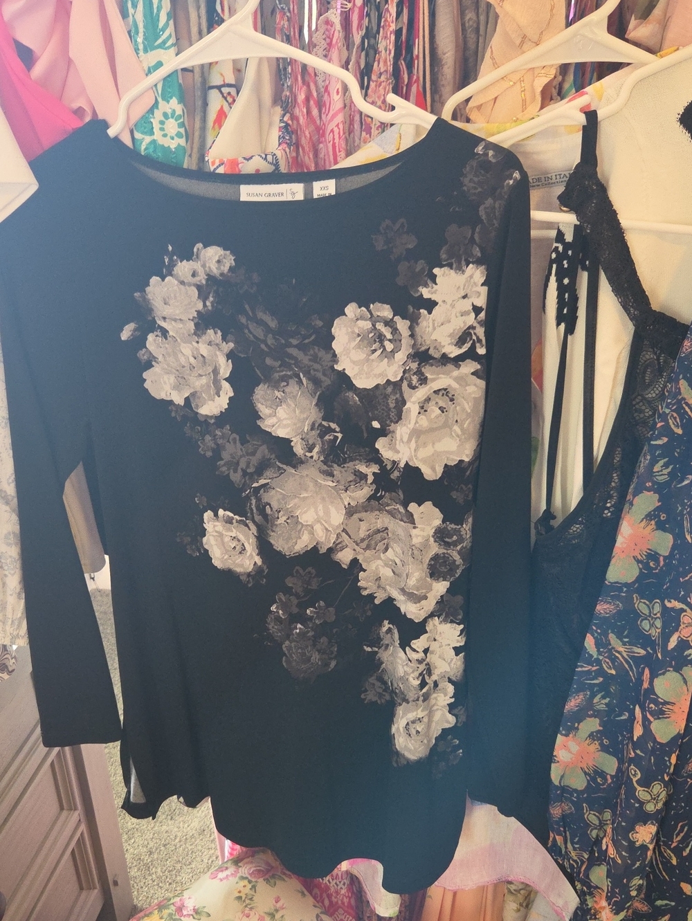Susan Graver Black Long-Sleeve Floral Top NWOT